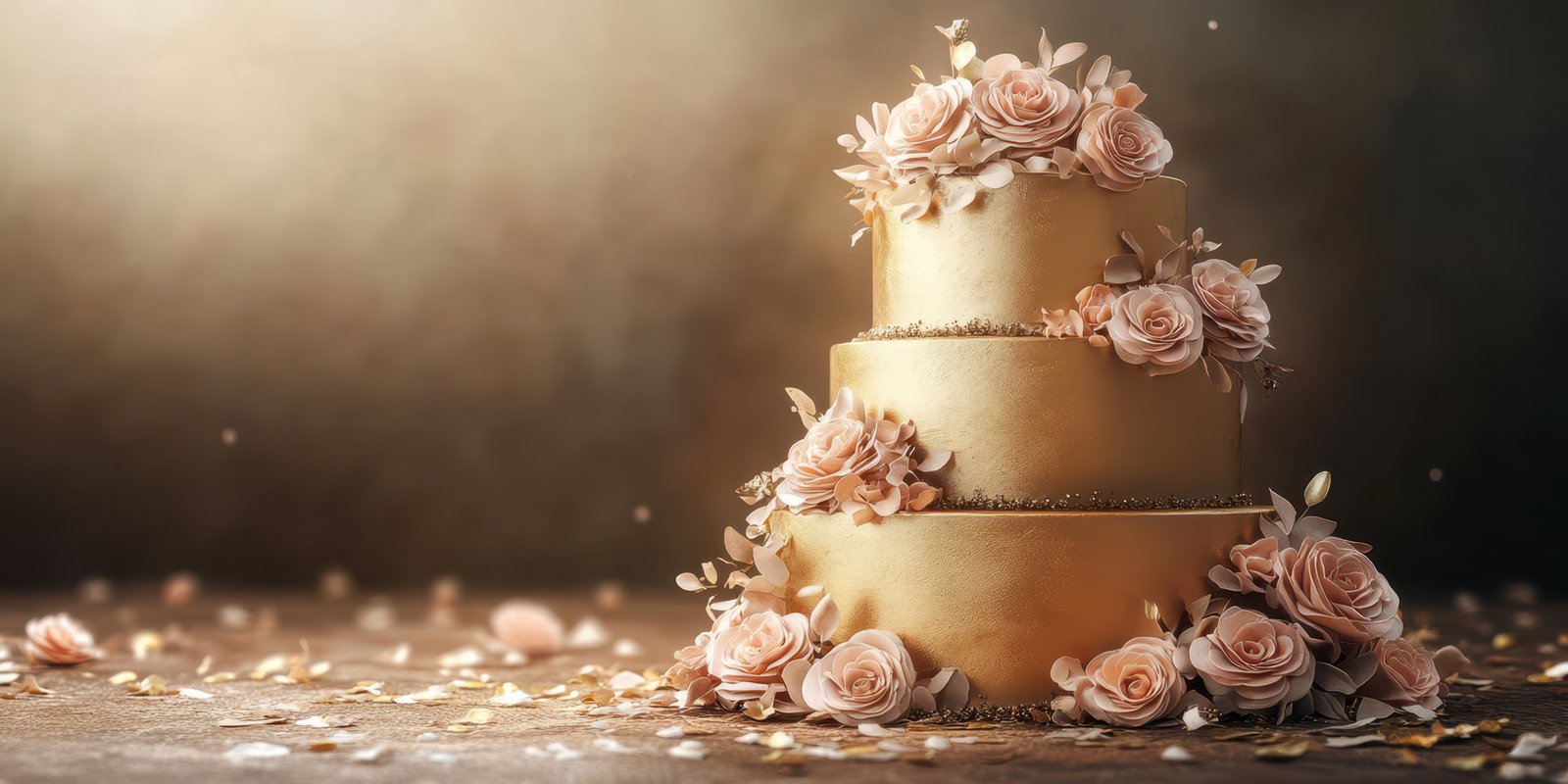 Elegant three-tier cake adorned with soft rose decorations, showcasing a luxurious design for special occasions